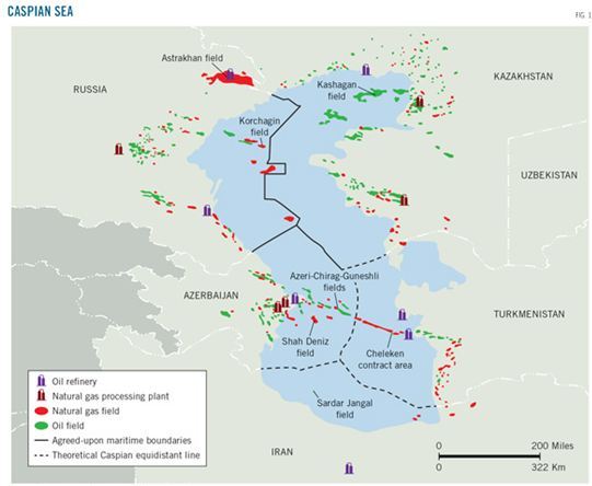 Схема размещения запасов углеводородов и перерабатывающих мощностей в Каспийском регионе.