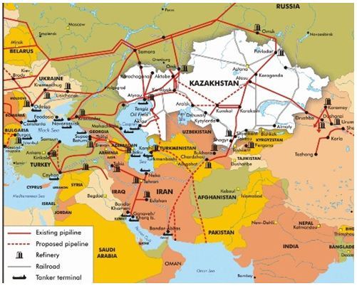 Основные маршруты транспортировки углеводородов в Каспийском регионе.